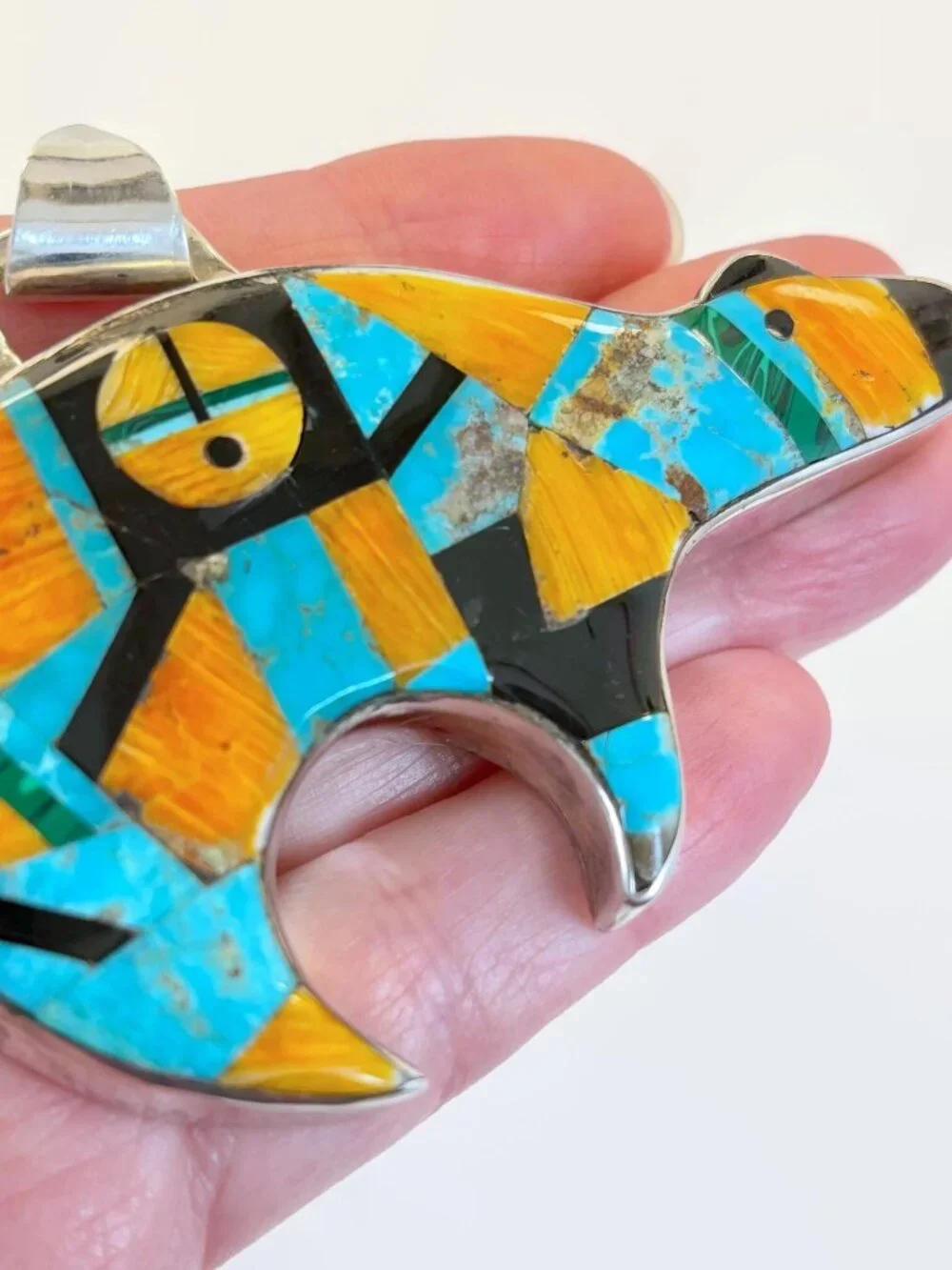 Native American Bear Pendant, Vintage, Sterling Silver, Turquoise, Spiny Oyster